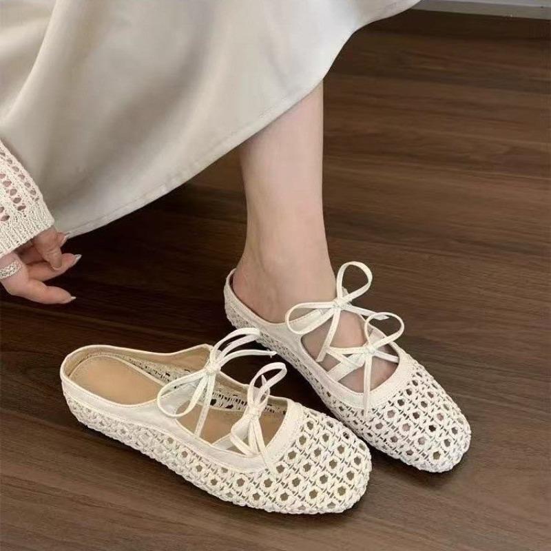 Fashion Women Slippers 2025 Summer New French Braided Hollow Bow Mary Jane Single Shoes with Inner Height Increase Baotou Half Slippers