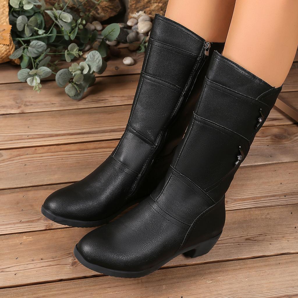 New Winter Elegant Fashion Chunky Mid-calf Boots Round Head Sexy Comfortable Side Zipper Fashion Women's Knight Boots