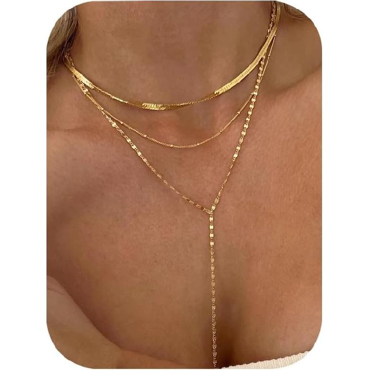 IF YOU Lariat Gold Lange Halsketten für Damen Trendig, Zarte 14K Vergoldete Tropfenkettenhalskette, Mehrlagige Rosenkranz-Perlen Y-Halsketten Schlichte Mode