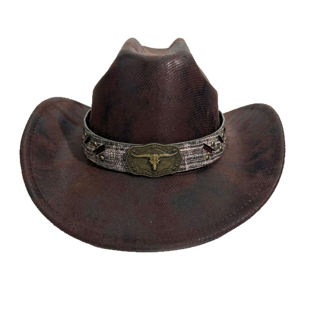 New Textured Western Cowboy Hat Men's and Women's Bull Head Accessories Big Eaves Top Hat Outdoor Shade Jazz Hat Tide