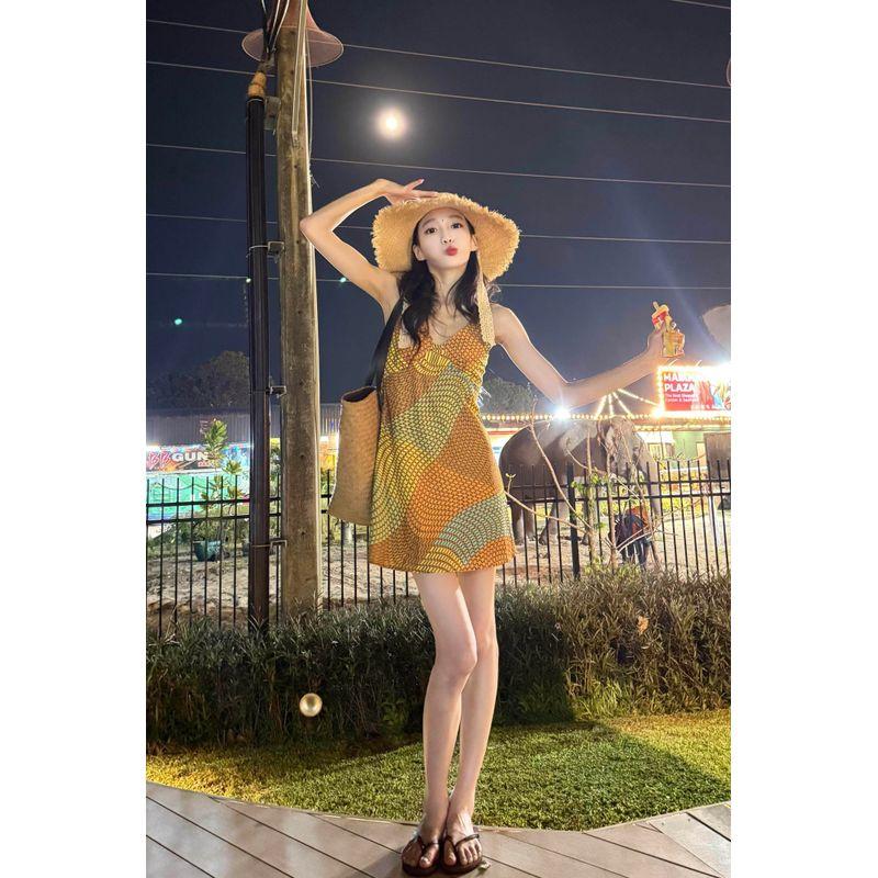 Thailand Southeast Asia Travel Wear Asymmetrical Contrast Color Oblique Cut Printing Slip Dress Women s Seaside Holiday Short Dress Image color S