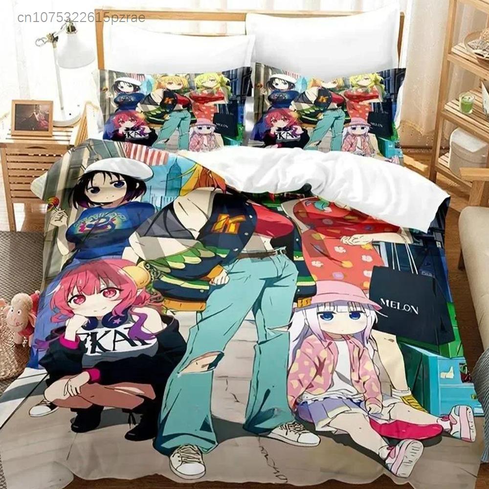 3D Kawaii Girl Miss Kobayashi's Dragon Maid Bedding Set Anime three-piece Set Adult Kid Bedroom Duvet Cover Sets Home Textiles