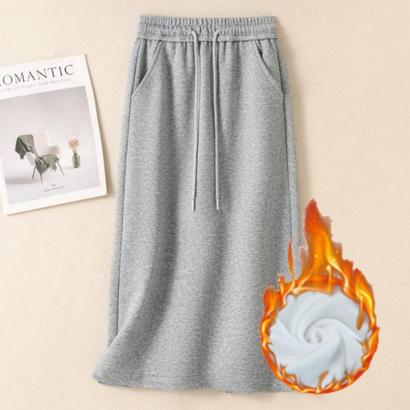 Women's Autumn/Winter Fleece-Lined or Regular Midi Skirt Sweatshirt Dress, Plus Size, Elastic Waist with Drawstring