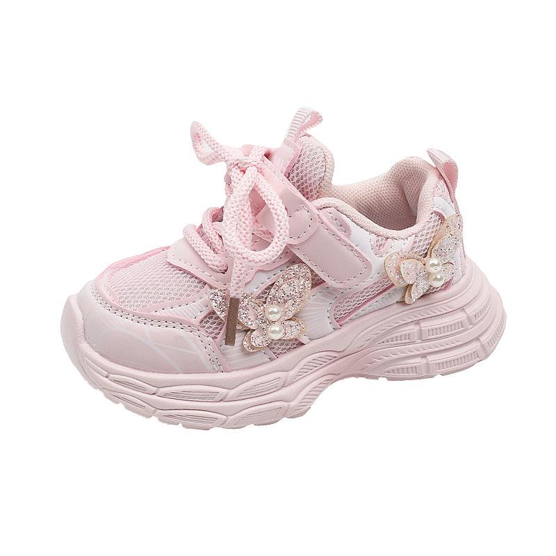 Girls Spring Sports Shoes with Butterfly Children's Fall Mesh Breathable Sneakers for Kids Student Pink Purple Walk Shoes I02233