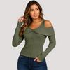 Women's Color Off-Shoulder Long Sleeve Ribbed T-Shirt with Button