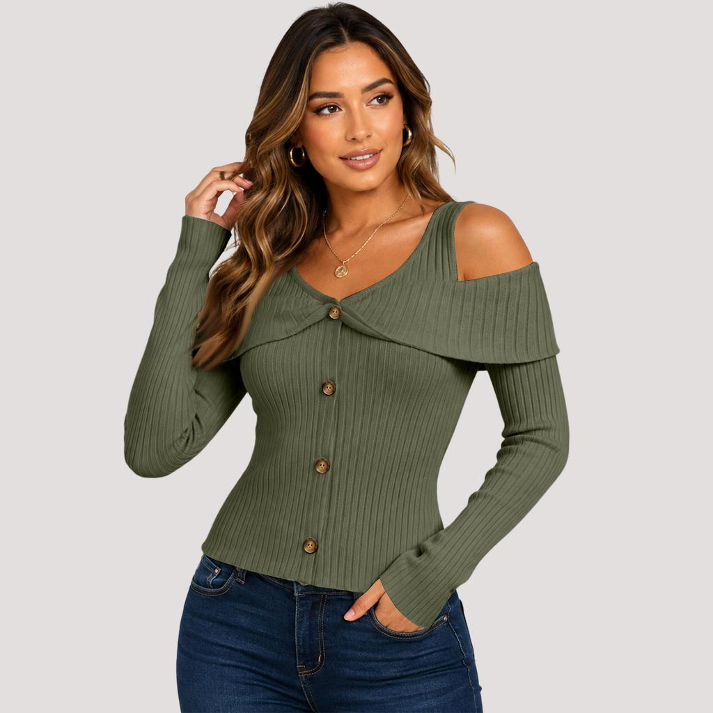 Women's Color Off-Shoulder Long Sleeve Ribbed T-Shirt with Button