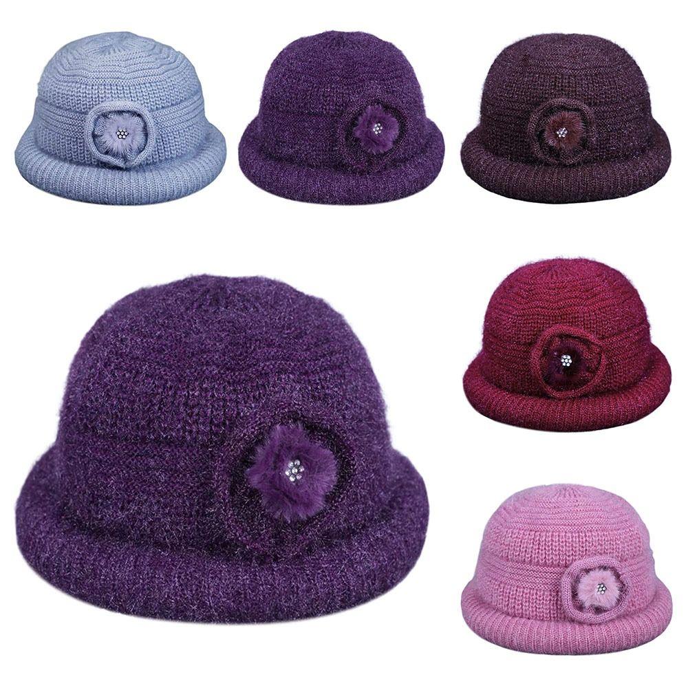 New Flower Decor Knitted Hat Thickened Coldproof Plush Warmth Hat Big Size Winter Cap Middle-aged And Elderly