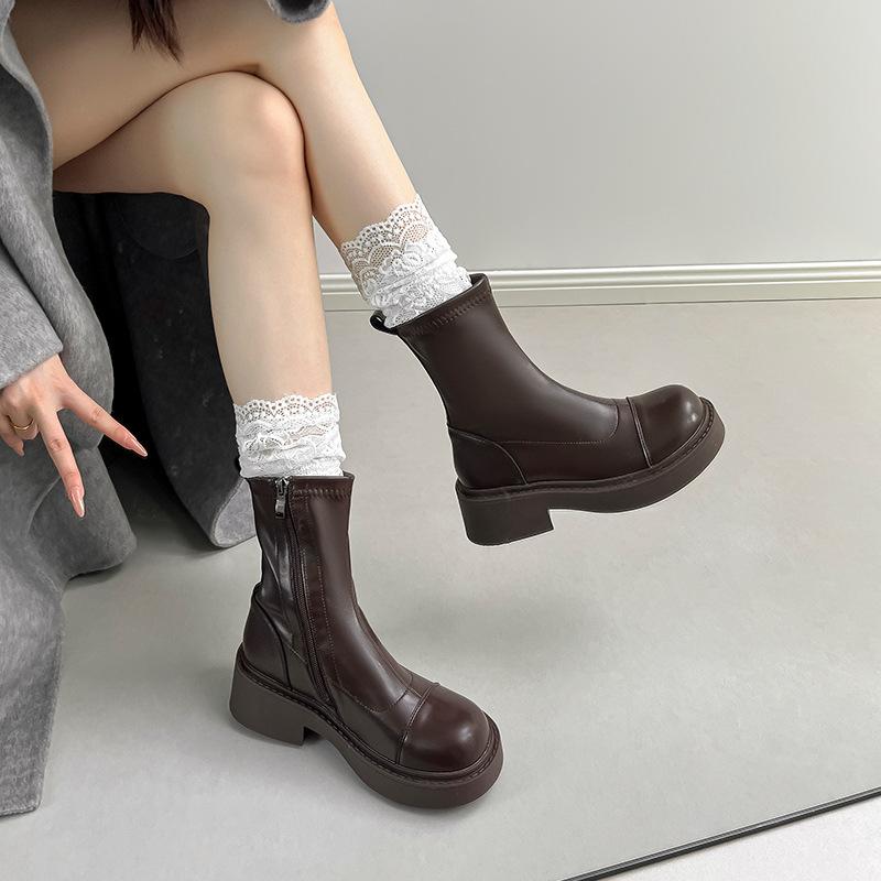 Botki Botki Damskie 2025 Jesień i Zima Nowe Gruba Podeszwa Boczny Zamek Błyskawiczny Kozaki Rycerskie Proste Wszechstronne Obcisłe Botki Martensy Damskie