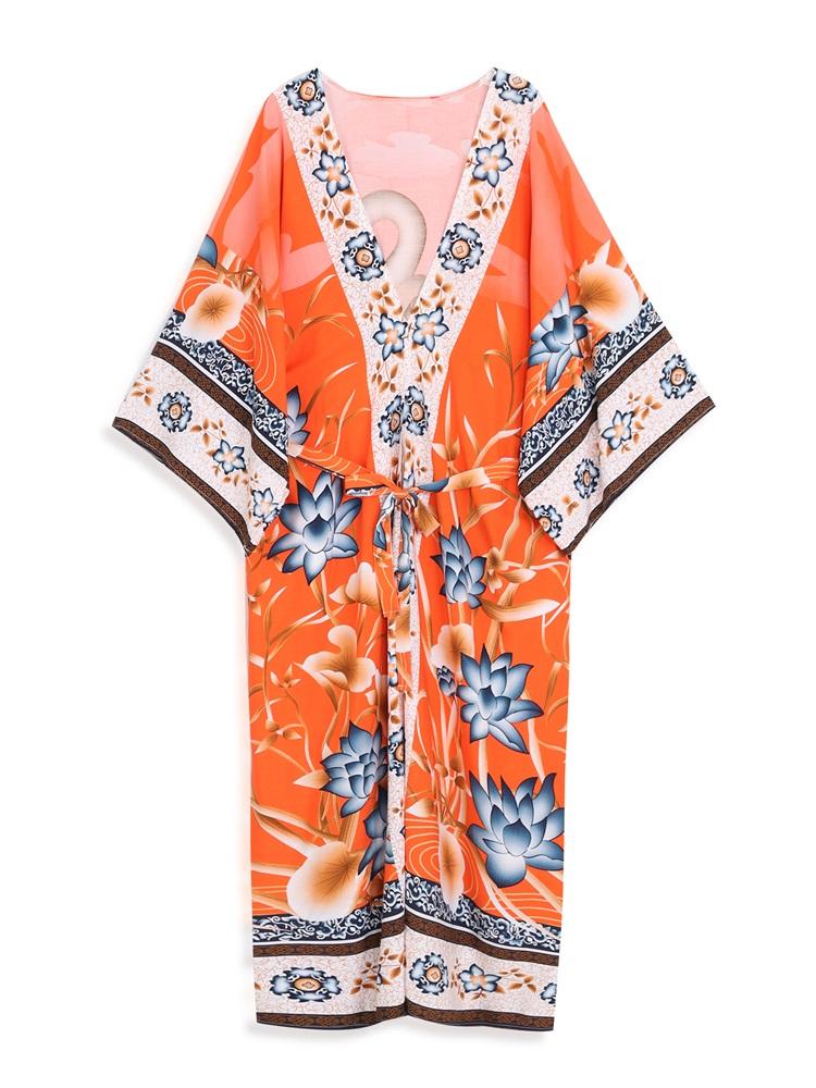 EDOLYNSA Bikini cu imprimeu boem Rochie kimono cu centură elegantă Tunica 2024 Vară Femei Marime mari Îmbrăcăminte de plajă Costum de baie acoperire Q996