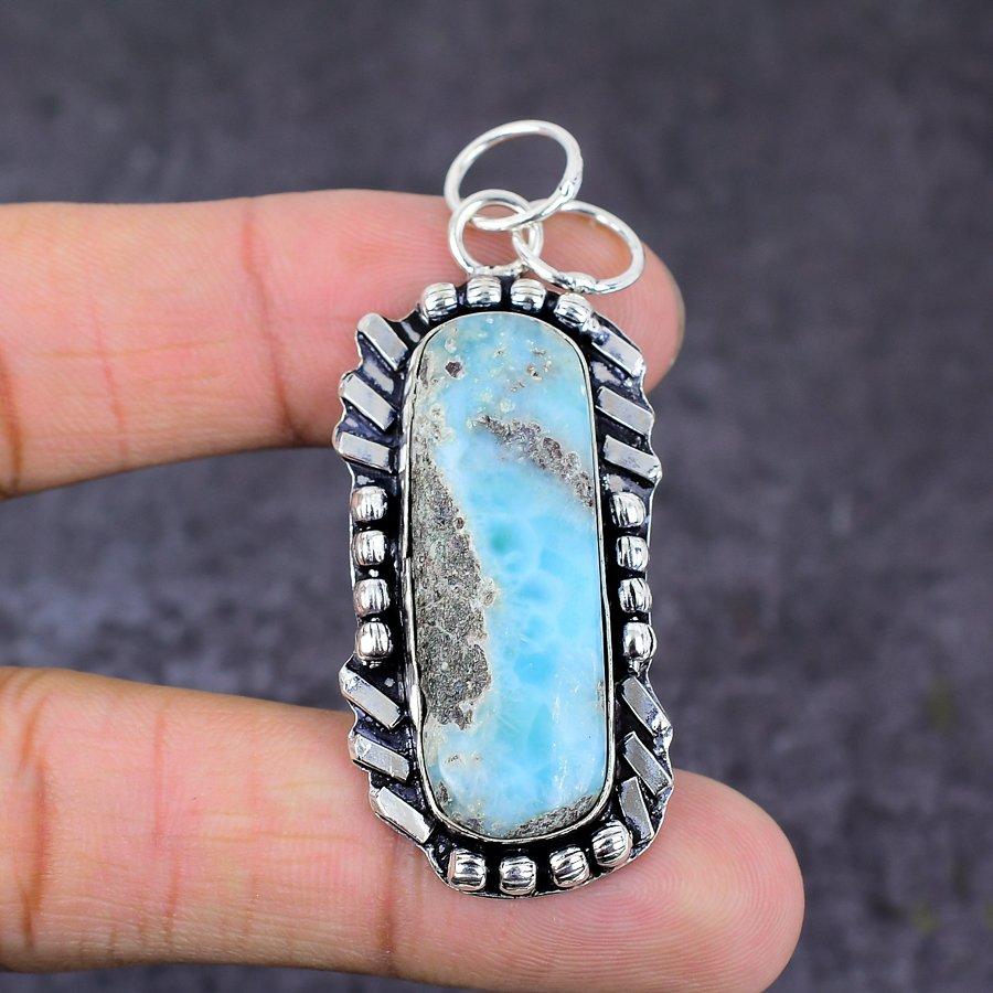 Natural Caribbean Larimar Gemstone 925 Sterling Silver Gift Pendant 2.40" l1D42