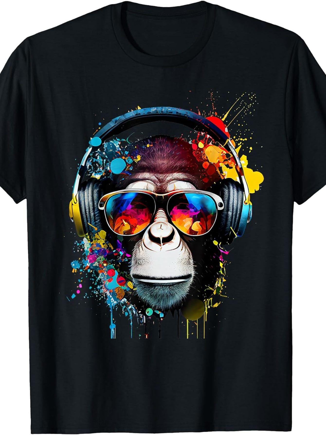 Monkey Monkey Funny Monkey Face Print T-Shirt | Short Sleeve Crew Neck Casual Tee with Hot Transfer Monkey Design S