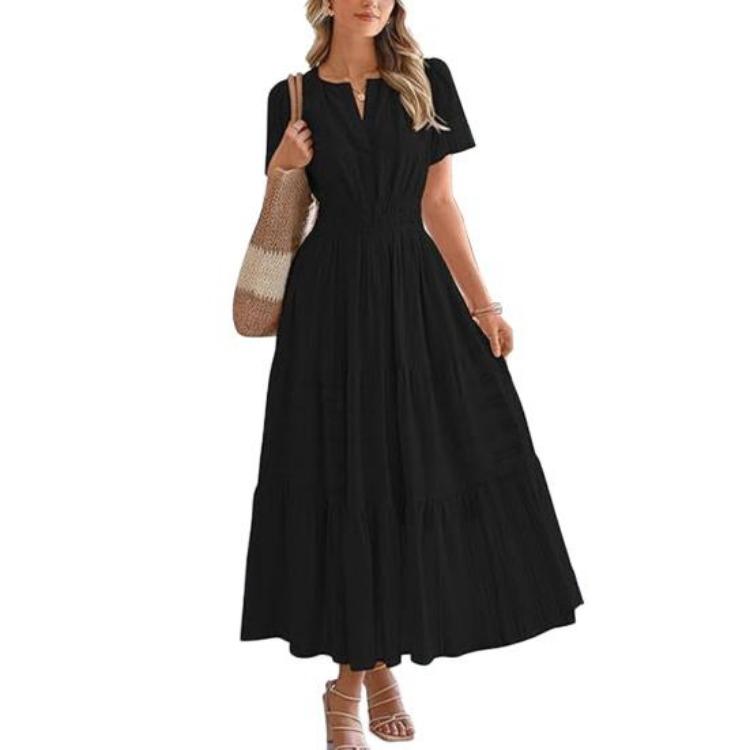 Summer Women Maxi Dress Casual V Neck Short Sleeve Smocked Waist Tiered Flowy Dress S