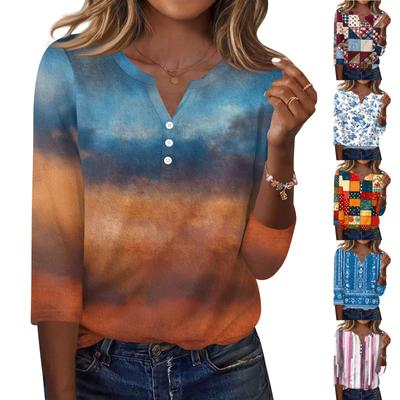 Dames T-shirt Print Knoop 3/4 Mouw Dagelijks Weekend Mode Basic V-hals Normale Top