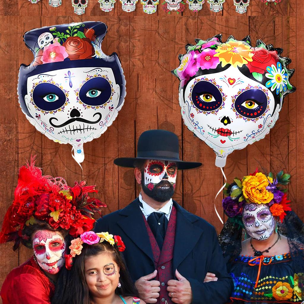 2 Stück Zuckerschädel Aluminiumfolienballons für Braut und Bräutigam, Tag der Toten Halloween Blumen-Schädel Partydekorationszubehör