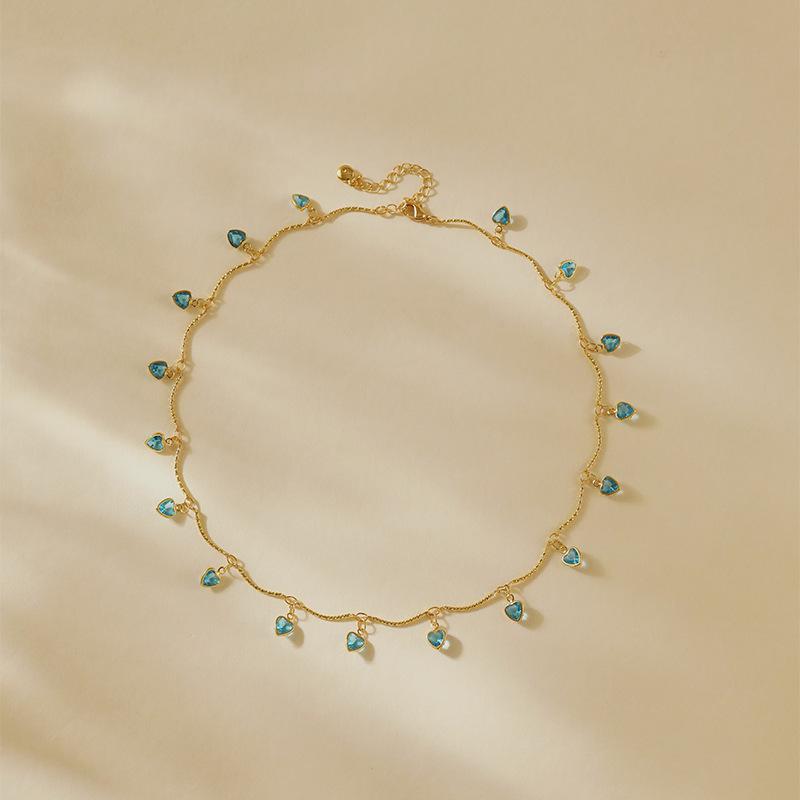 Brass 18k Gold Plated Heart Zircon Tassel Bohemian Simple Clavicle Necklace
