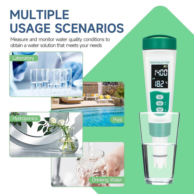 2026 Factory Direct Smart Multifunction 5 in 1 Water Tester PH EC TDS Salinity Temp Meter 0.05 Accuracy