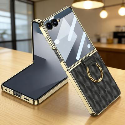 Luxury Diamond Leather Ring Holder Case for Samsung Galaxy Z Flip 7 6 5 Screen Glass Plating Edge Cover for Galaxy Z Flip7 Case