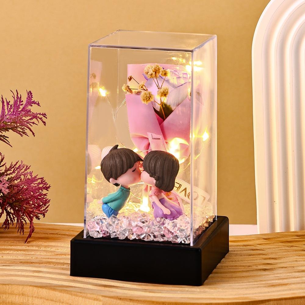 Valentine's Day Gift Immortal Rose Couple Doll Square Flower Cover Night Light Creative Ornament