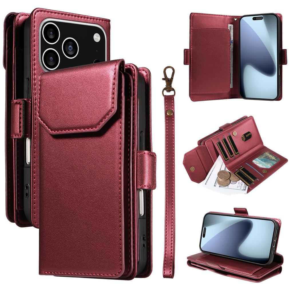 For iPhone 17 Pro Case with Multi-Card Holder and Strap PU Leather Phone Cover Stand