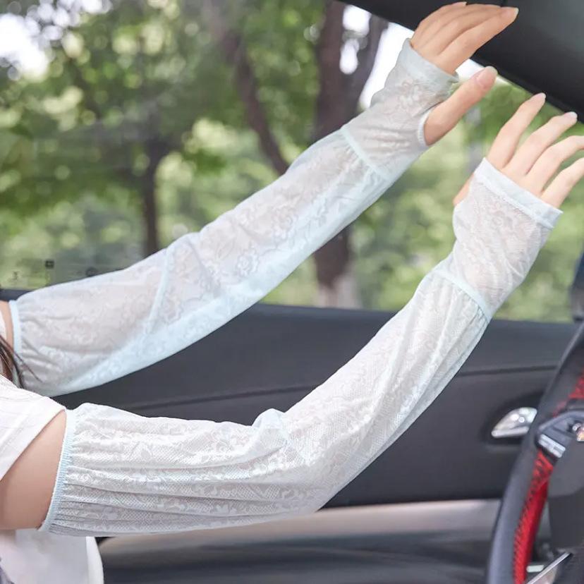 Women’s Lace Arm Sleeves UV Protection, Ice Silk Cooling Arm Covers, Breathable Thin Summer Sleeves for Cycling Running Driving Sun Protection