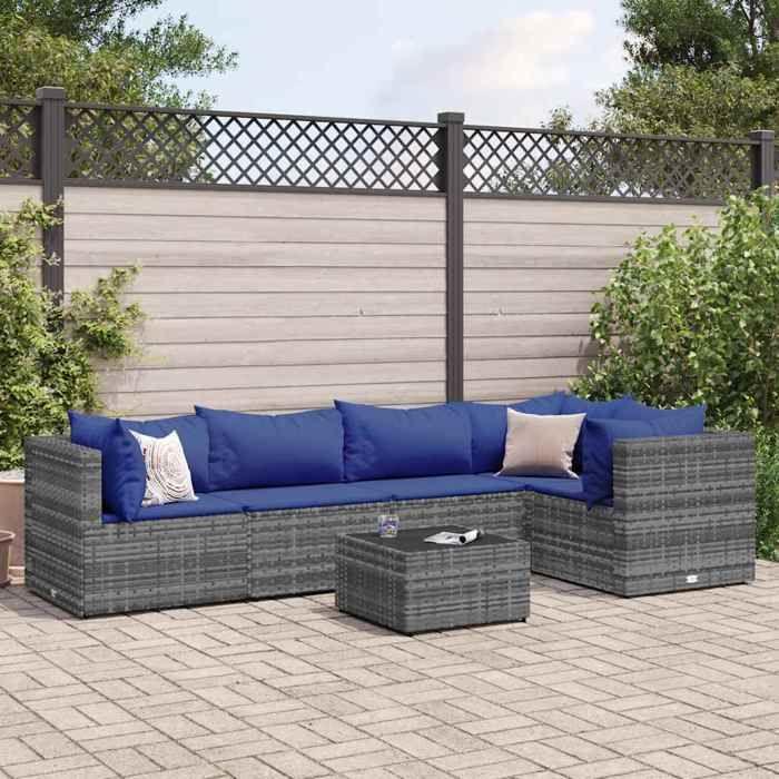 VidaXL Salon de jardin 6 pcs avec coussins Gris Résine tressée, ensemble de canapés d'extérieur, canapé d'angle de jardin, 3308103
