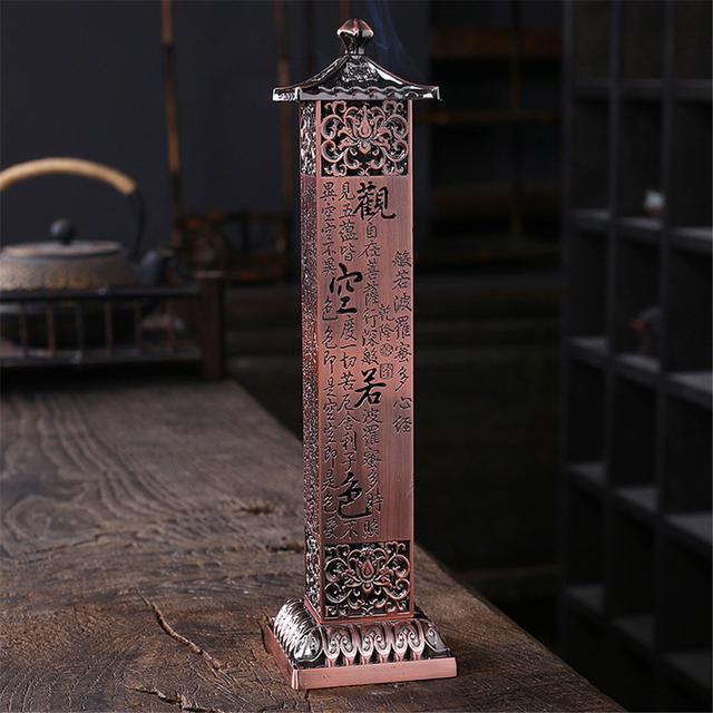 Retro Vertical Incense Burner Buddha Heart Sutra Dragon Phoenix Pillar Metal Incense Stick Home Office Ceremony Decoration