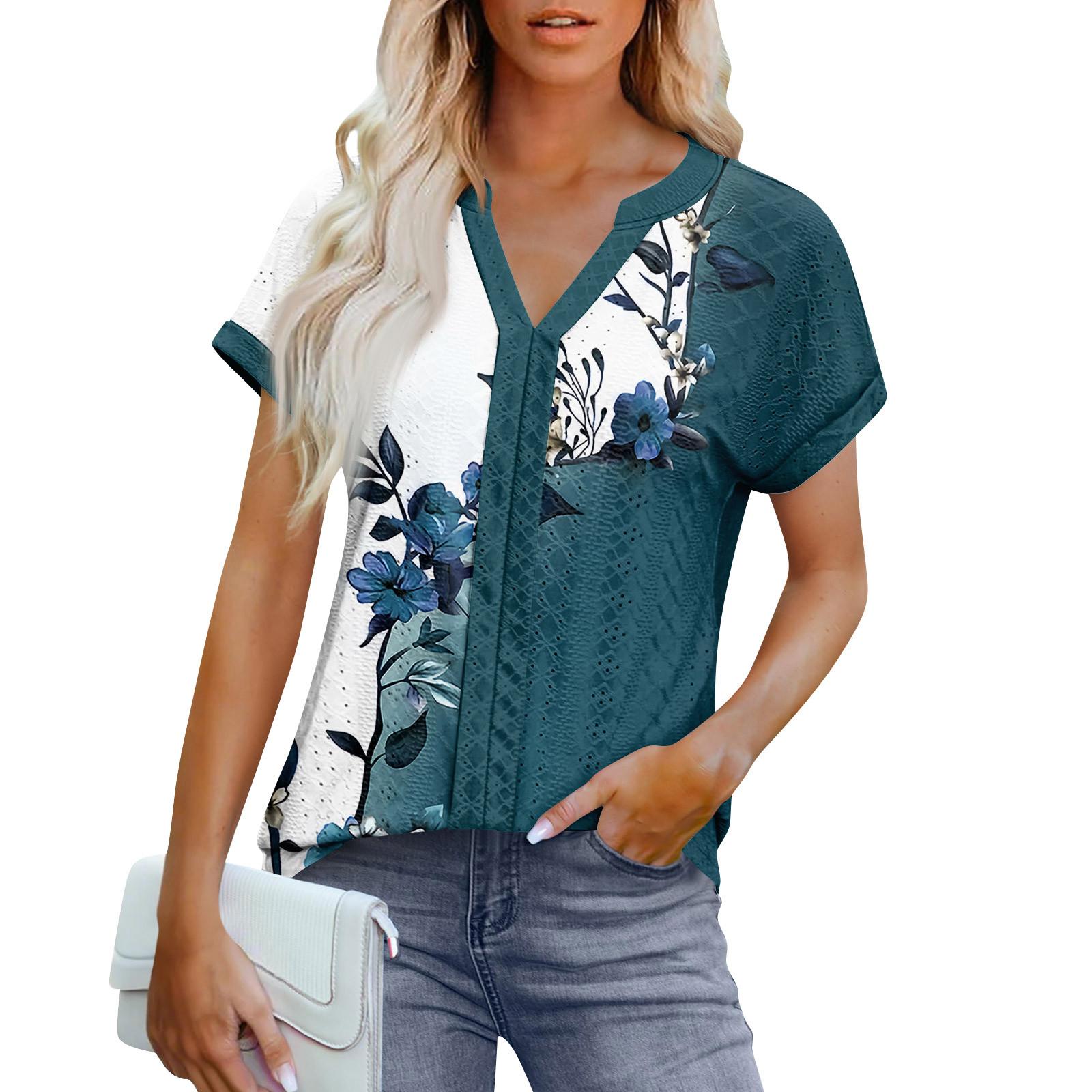 

Женские топы с коротким рукавом V-образным вырезом, блузка, нарядная повседневная одежда с принтом и вышивкой, летняя модная одежда XL