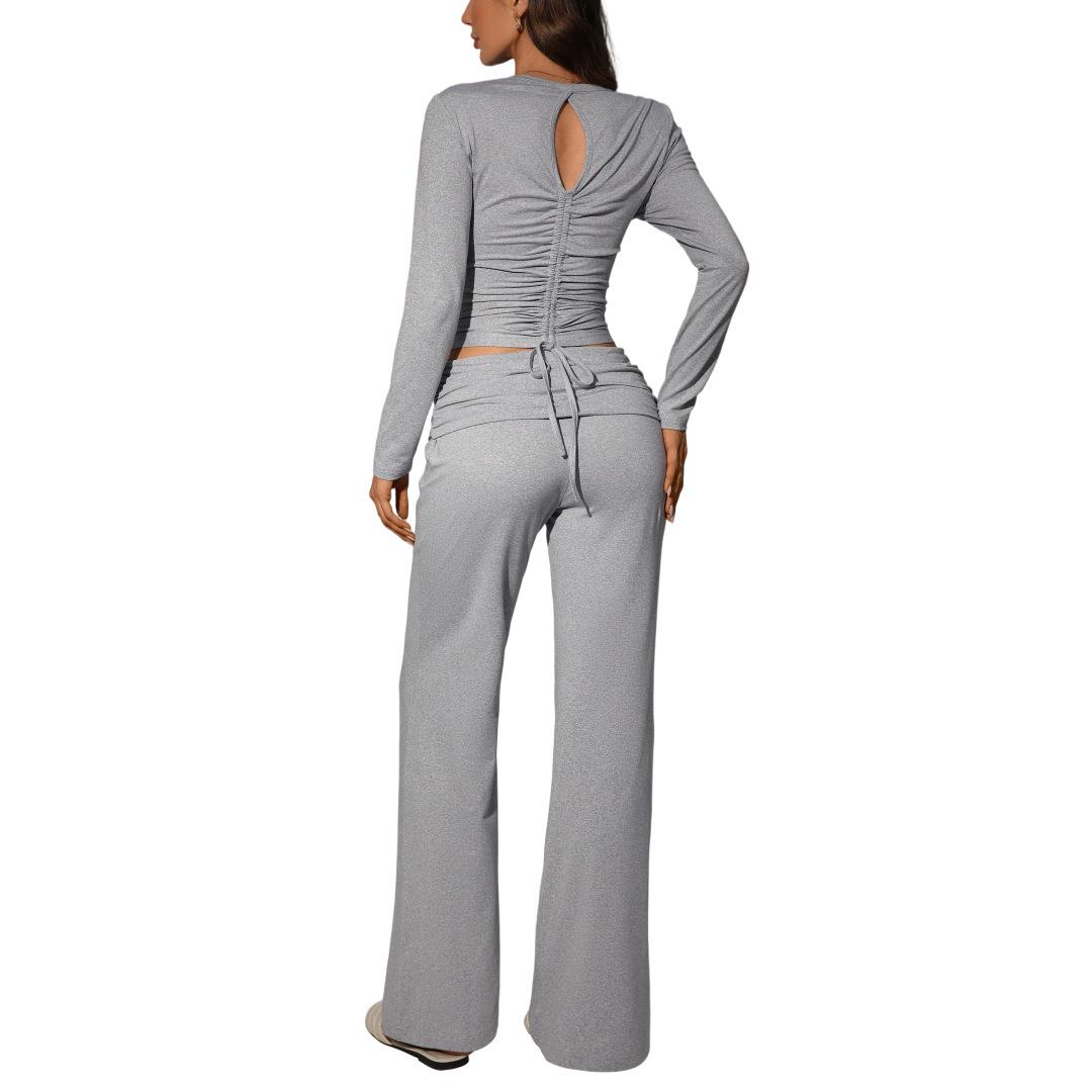 

Slim Cropped Top & Pants Two-Piece Set - Sexy Long Sleeve Casual Fashion Outfit Medium светло-серый