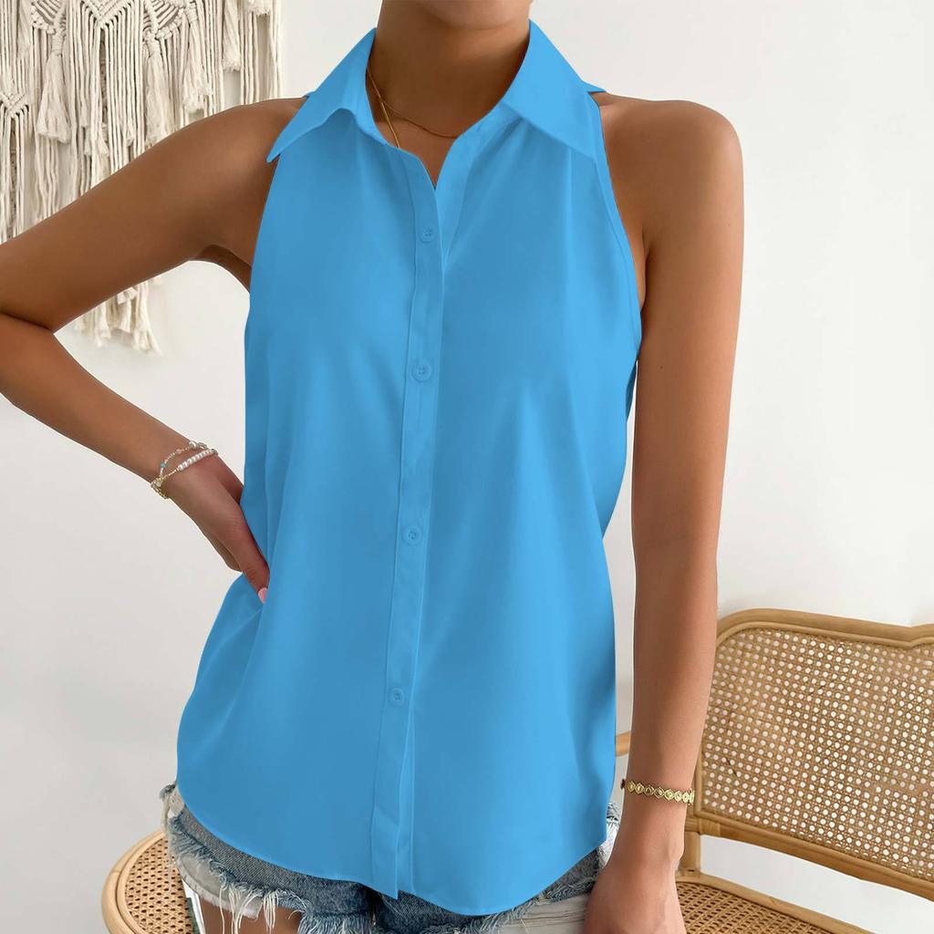 Summer Button Up Sleeveless Shirts Basic Casual Solid Color Women's Blouses & Shirts