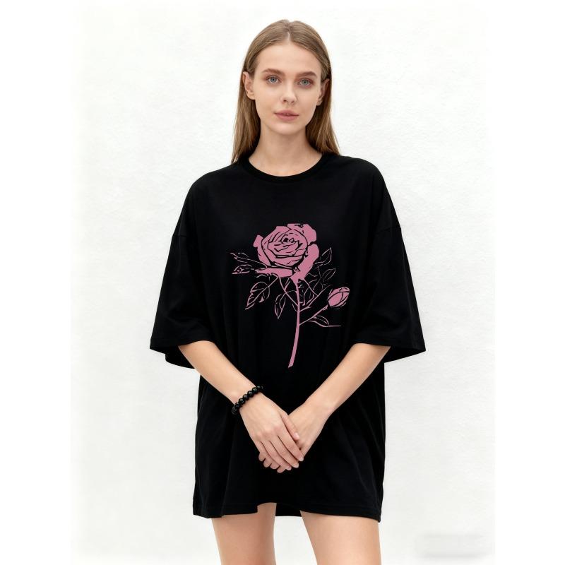 Oversized T Shirt Black Rose Flower Print Casual Loose Fit Top for Women Summer Streetwear Fashion Statement Piece