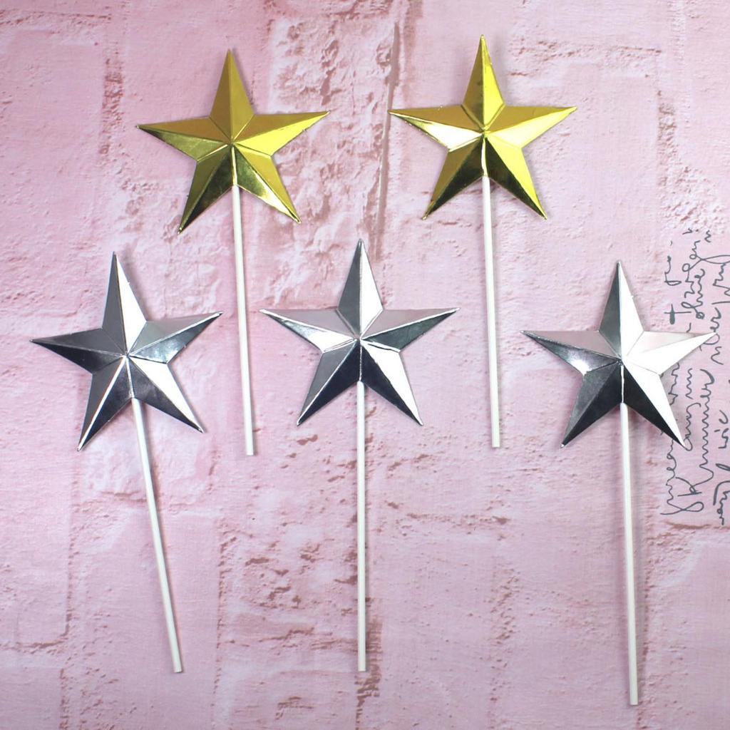 3D Hand-Folded Gold & Silver Star Cake Toppers