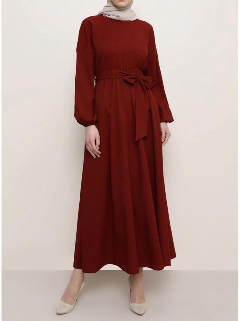 2022 Muslim Women's Solid Color Slim Tie-up Long Dress - Middle Eastern Dubai Fashion