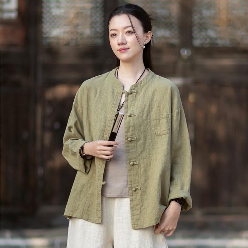 Johnature Women Vintage Shirts Spring Chinese Style Solid Color Stand Long Sleeve Button Pockets Blouses