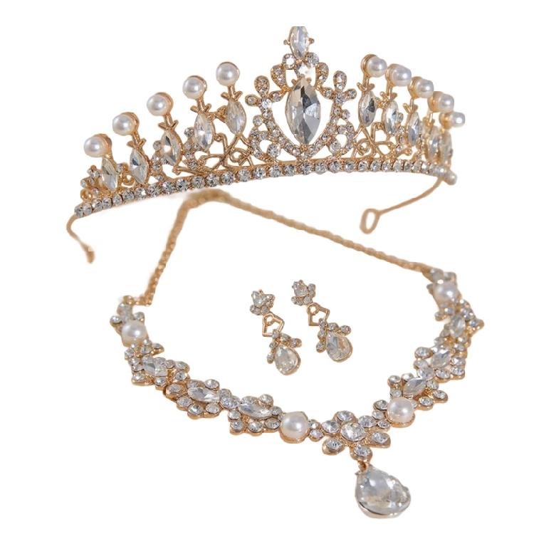 Elegant Evening Accessories Set Crystal Hair Crown Drop Earrings Pendant Necklace Wedding Headpiece for Daily Party