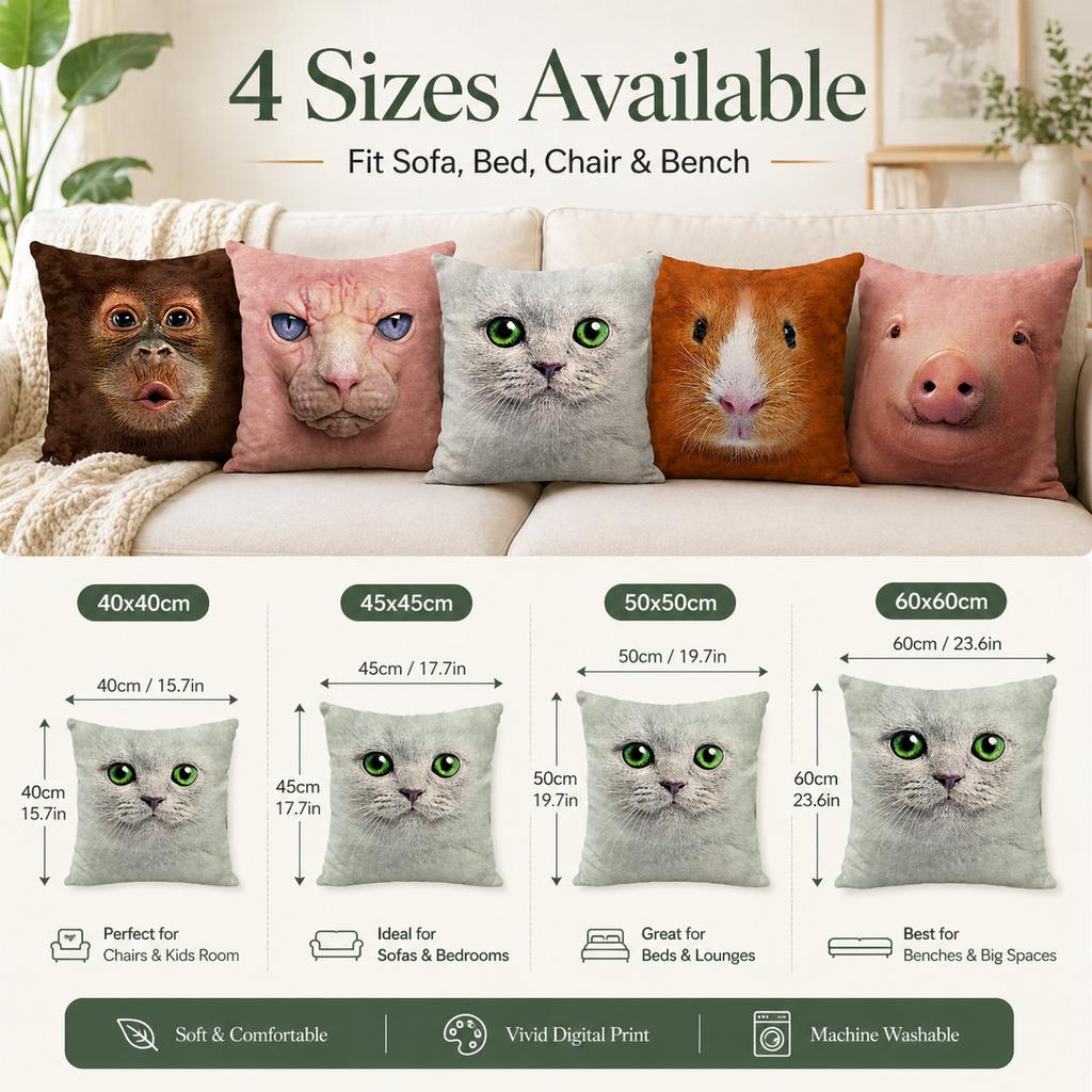Realistic Animal Face Cushion Cover 2D Flat Print Cat Pig Orangutan Peach Skin Pillowcase For Sofa Living Room Home Decor 45X45