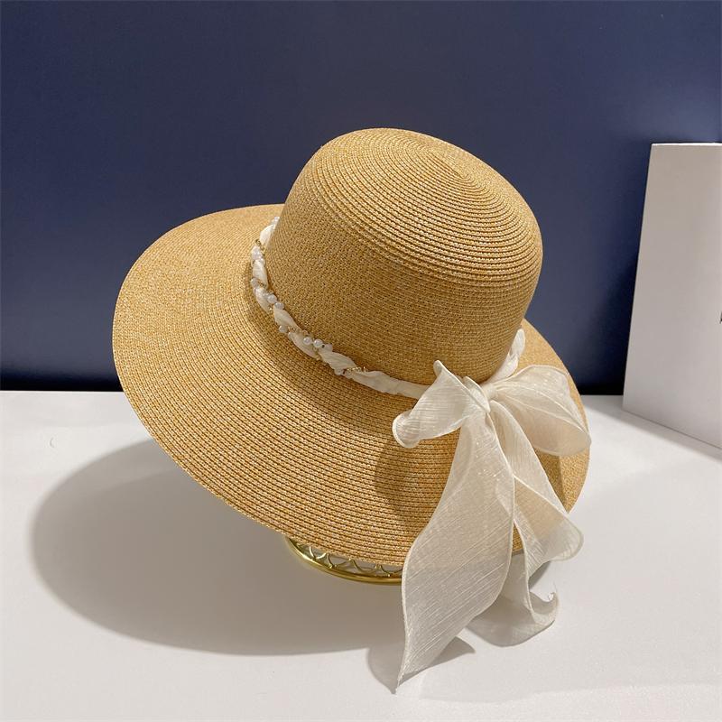 Summer 2022 New French Lace Ribbon with Large Brim Beach Hat For Seaside Travel Straw Hat Hepburn Style Top Hat Sun Block Hat
