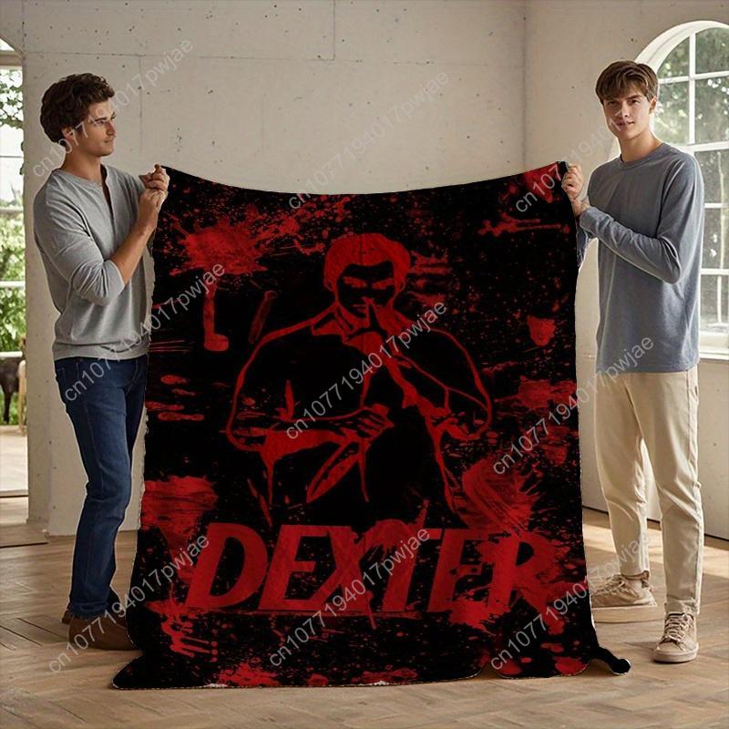Dexter TV Show Themed Fleece Blanket Soft Warm All-Season Black Red Blood Splatter Design with Dexter Character Custom blankets 75cmx90cm