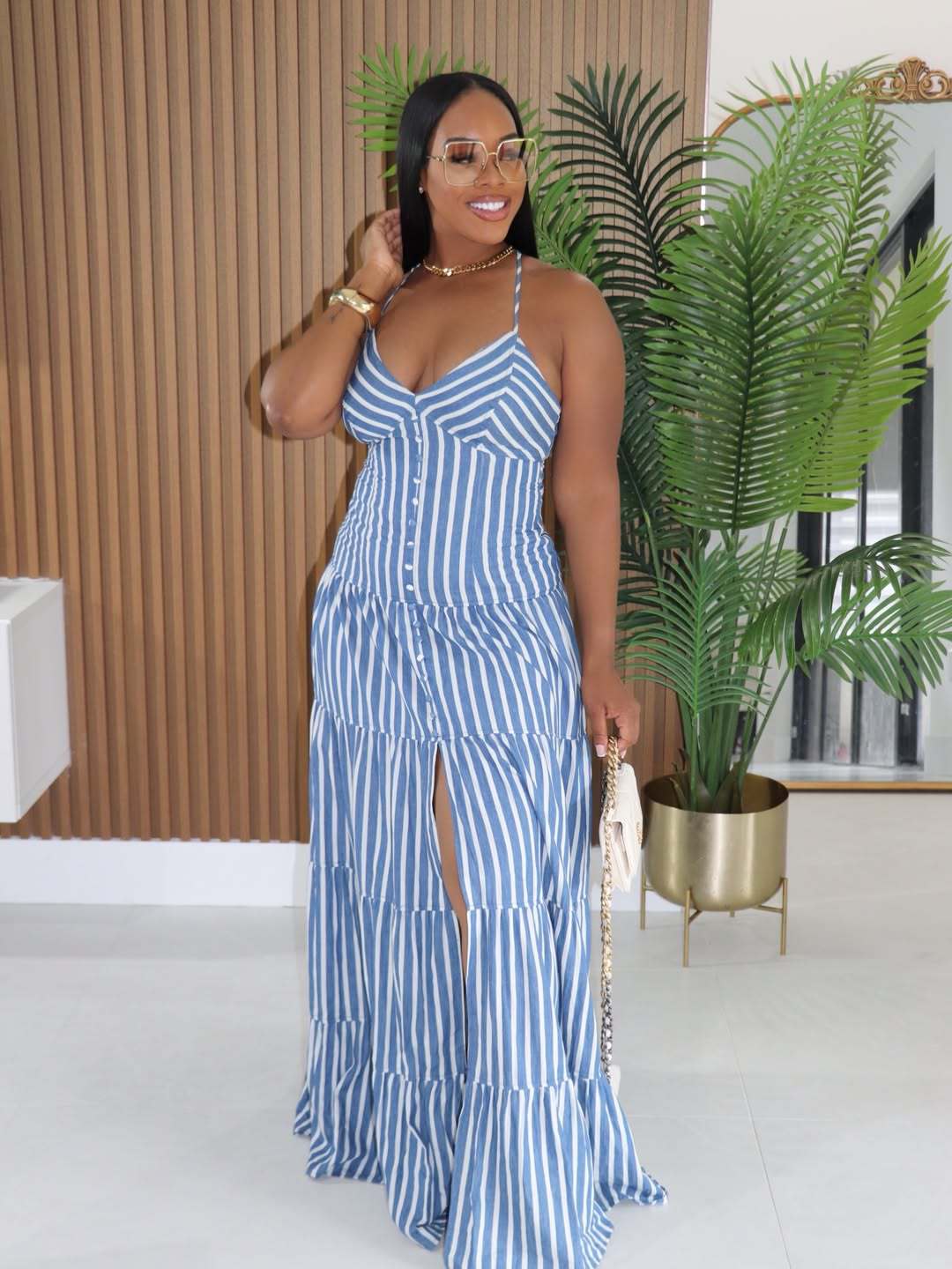 2026 summer new European and American cross-border women s clothing fashionable sexy striped suspender split fork long dress S