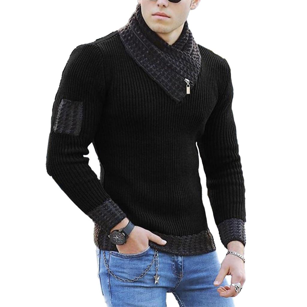 Men's Casual Solid-color Patchwork Style Long-sleeved High-neck Sweater, Men's Fitted Knitted Pullover, Scarf Collar Sweater