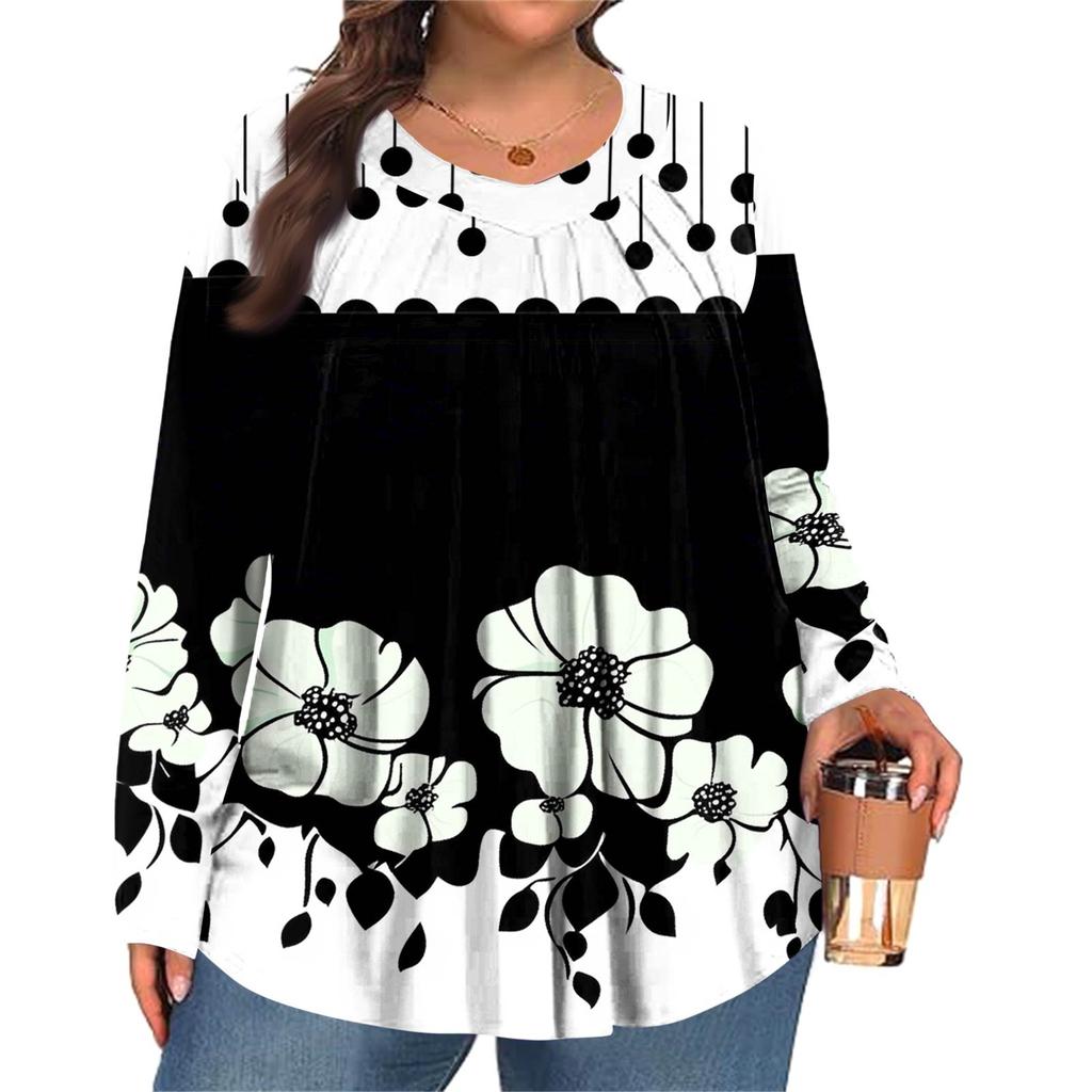 Dámská móda plus size Tištěný ležérní plisovaný top s kulatým výstřihem a dlouhým rukávem