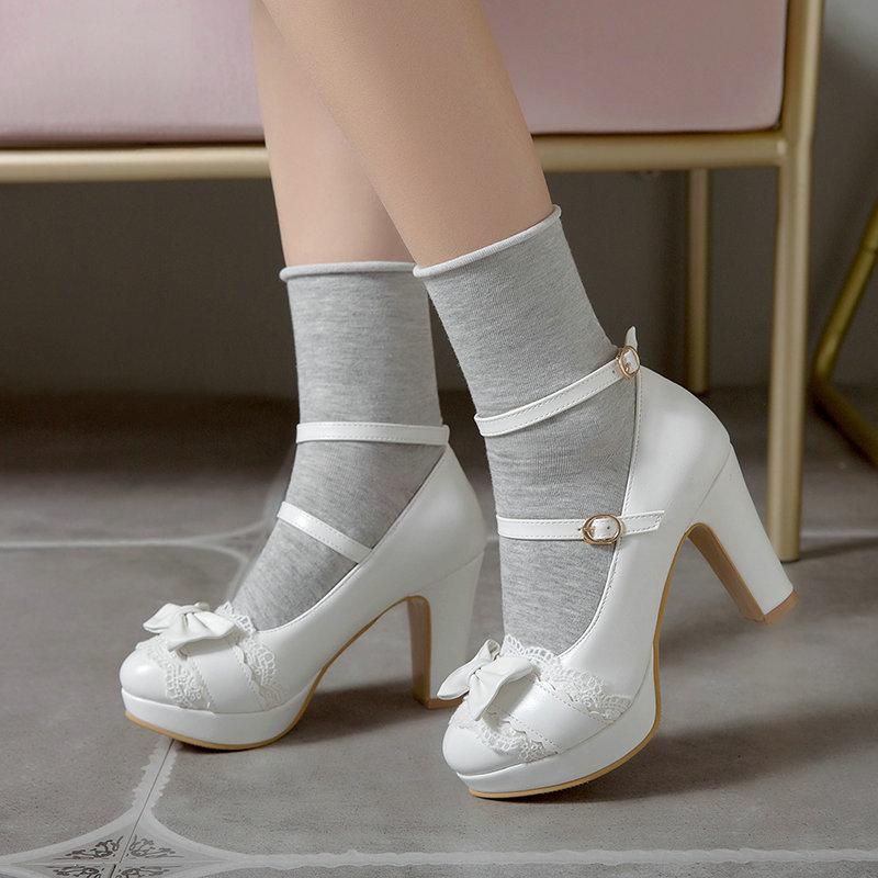 Sweet Bowknot Women's Shoes Comfort Buckle Thick High Heels Round Toe Girls Lolita Mary Jane Shoes Woman Party Wedding Shoe34-43