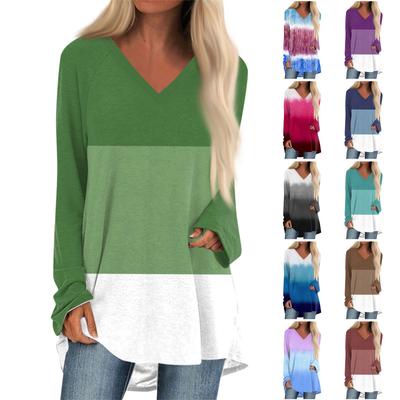 Women's Autumn And Winter Long Sleeved V-neck Color Block Casual Long Loose T-shirt Top
