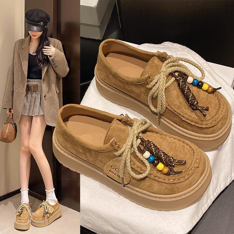 Ethnic style fashion single shoes women's 2025 autumn new matte lace-up literary retro thick-soled shallow mouth loafers women