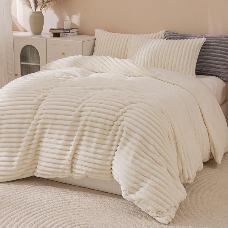 Winter Thick Warm Luxury Solid Striped Milk Fleece Bedding Set