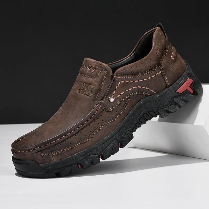 Fashion Handmade Leather Men Shoes Casual Outdoor Slip On Loafers Men Leather Shoes Flats Moccasins Walking Shoes Non-Slip Dropshipping