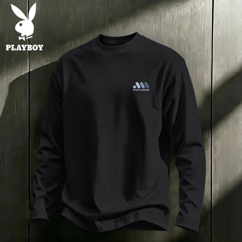 PLAYBOY Men's Long-Sleeve Pure Cotton Crewneck T-Shirt