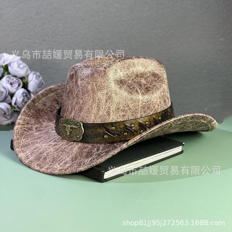 Dyed Bull Head Belt Western Cowboy Hat, European and American New Cracked Jazz Top Hat