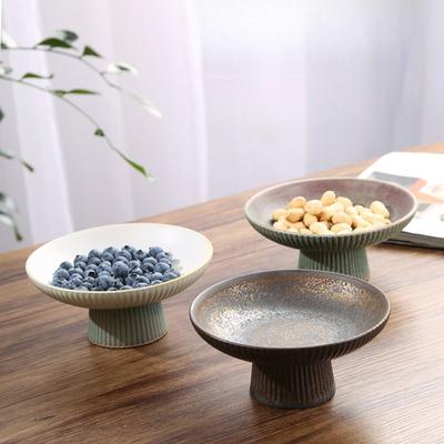 Chinese Retro Glazed Ceramic Plate High Foot Fruit Dish Japanese Zen Tea Tray for Home
