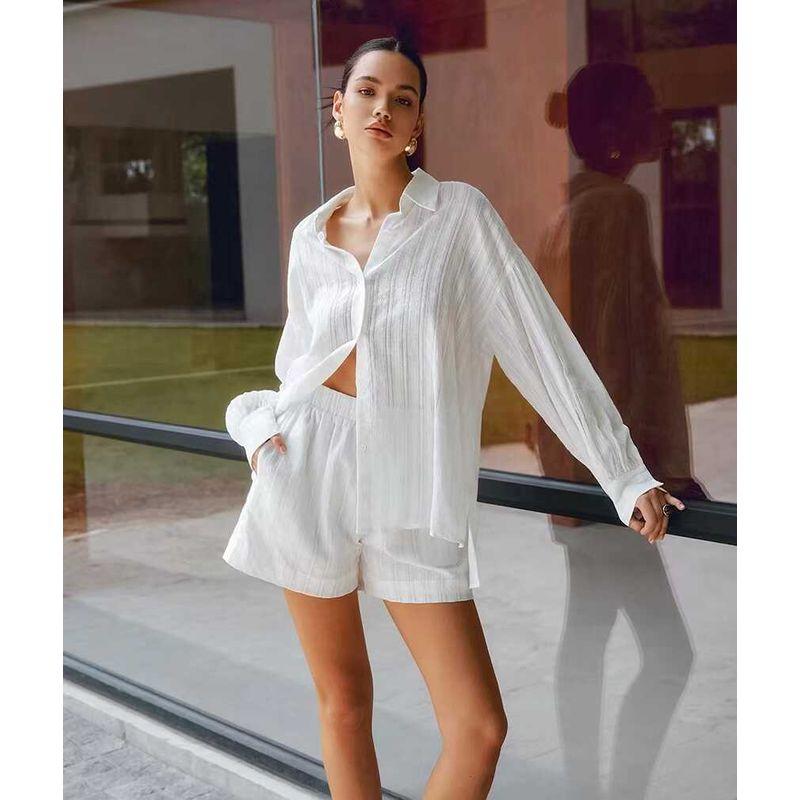 Fashion Wind Summer New Arrival Micro Transparent Long Sleeves Shirt Shorts Casual Suit Shirt and Shorts Set