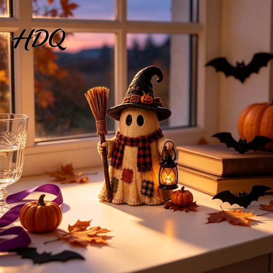 Desktop Decorative Statues Wooden Halloween Figurine with Lantern Pumpkin Scarecrow Skeleton Mummy Ghost Witch Gift for Kids Statue Rustic Farmhouse